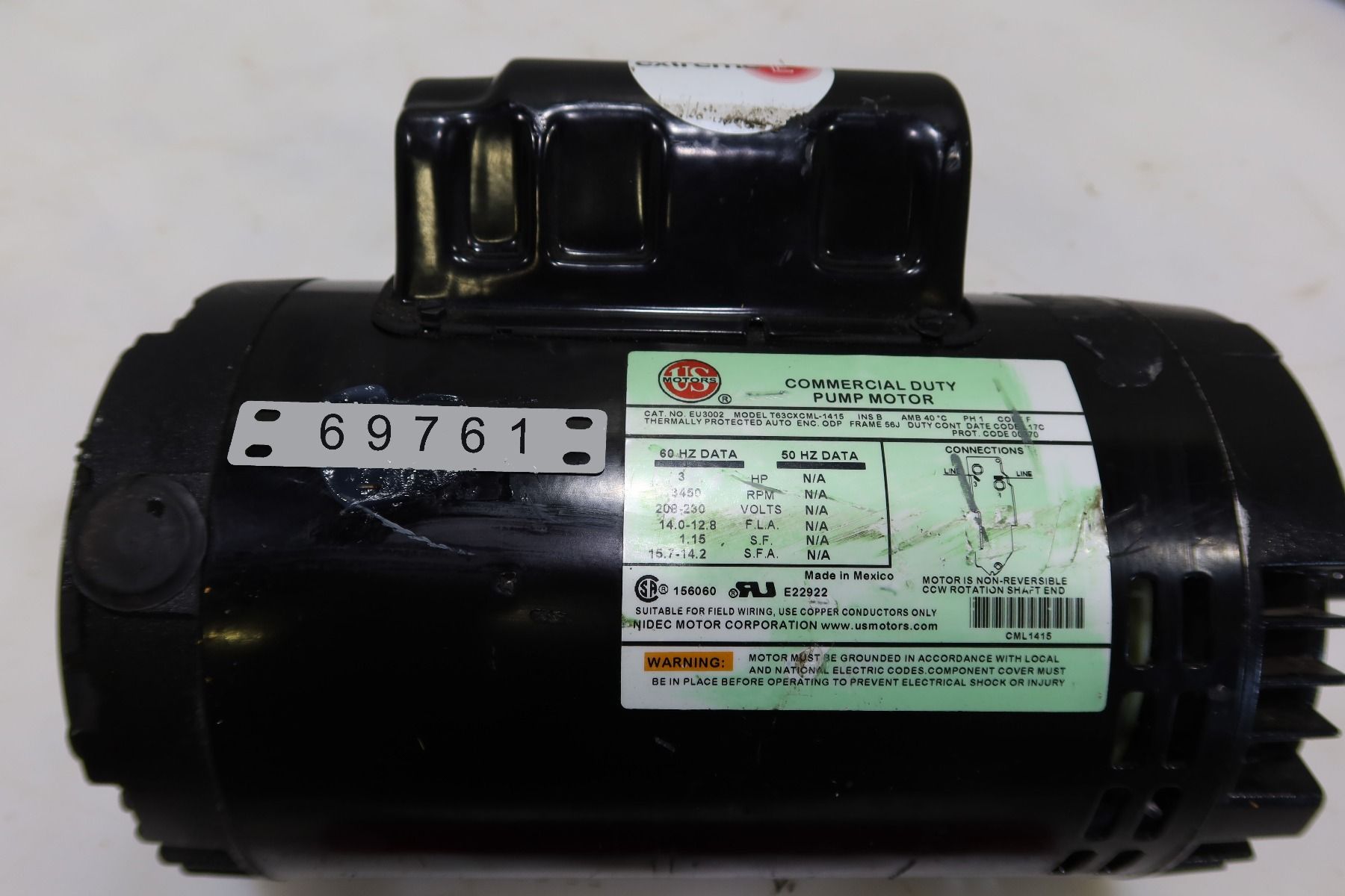 MOTOR - AC - US MOTOR - 3 HP - 3600 RPM - 230 VOLT MOTOR - AC - US MOTOR - 3 HP - 3600 RPM - 230 VOLT