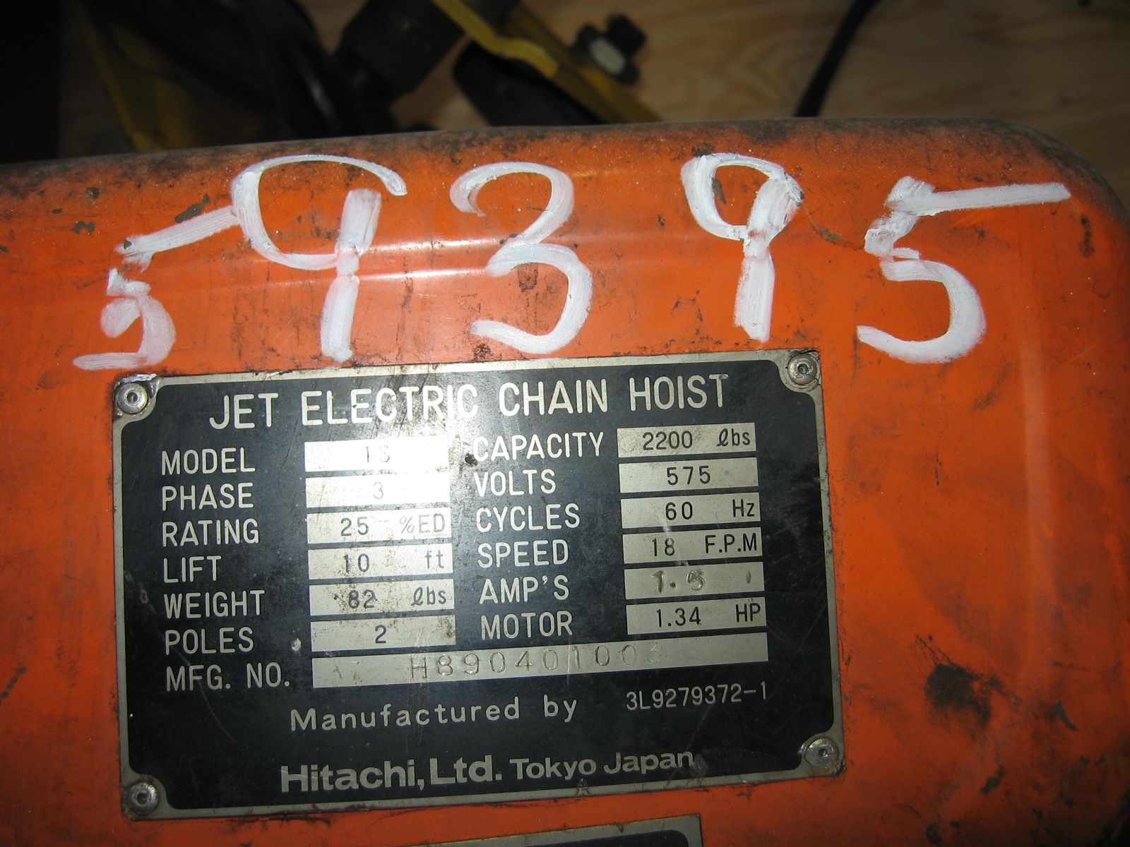Jet 311000 3ss-1c-10, 3 tonnes, levage de 10', palan à chaîne électrique  précâblé 115v/230v